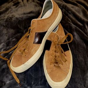 Tom Ford Cambridge Polished Leather-Panelled Sneakers In Tan Suede Athletic Shoe